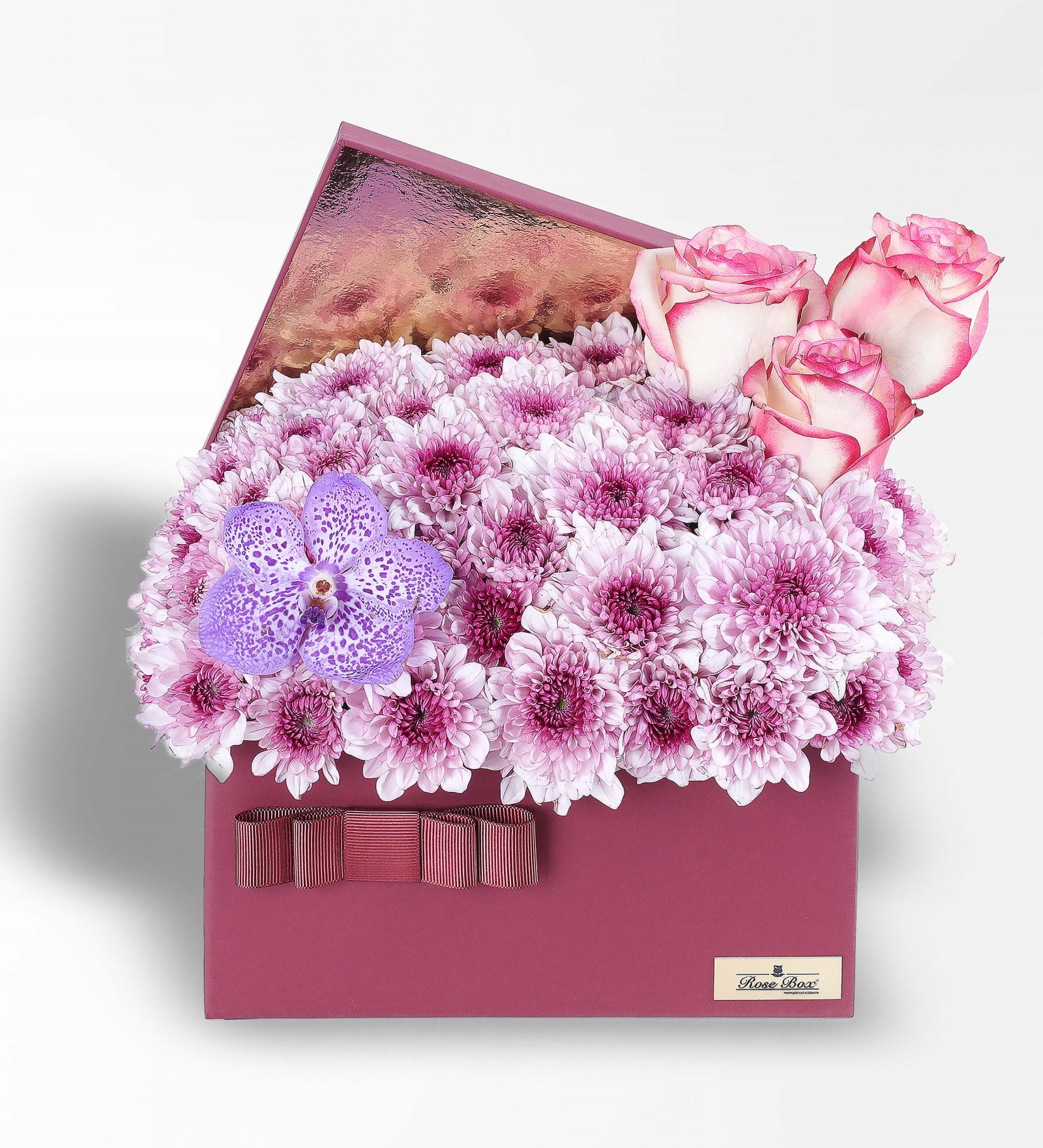 Bordo Kutuda Pembe Papatya Ve Vanda Mor Orkide Xl