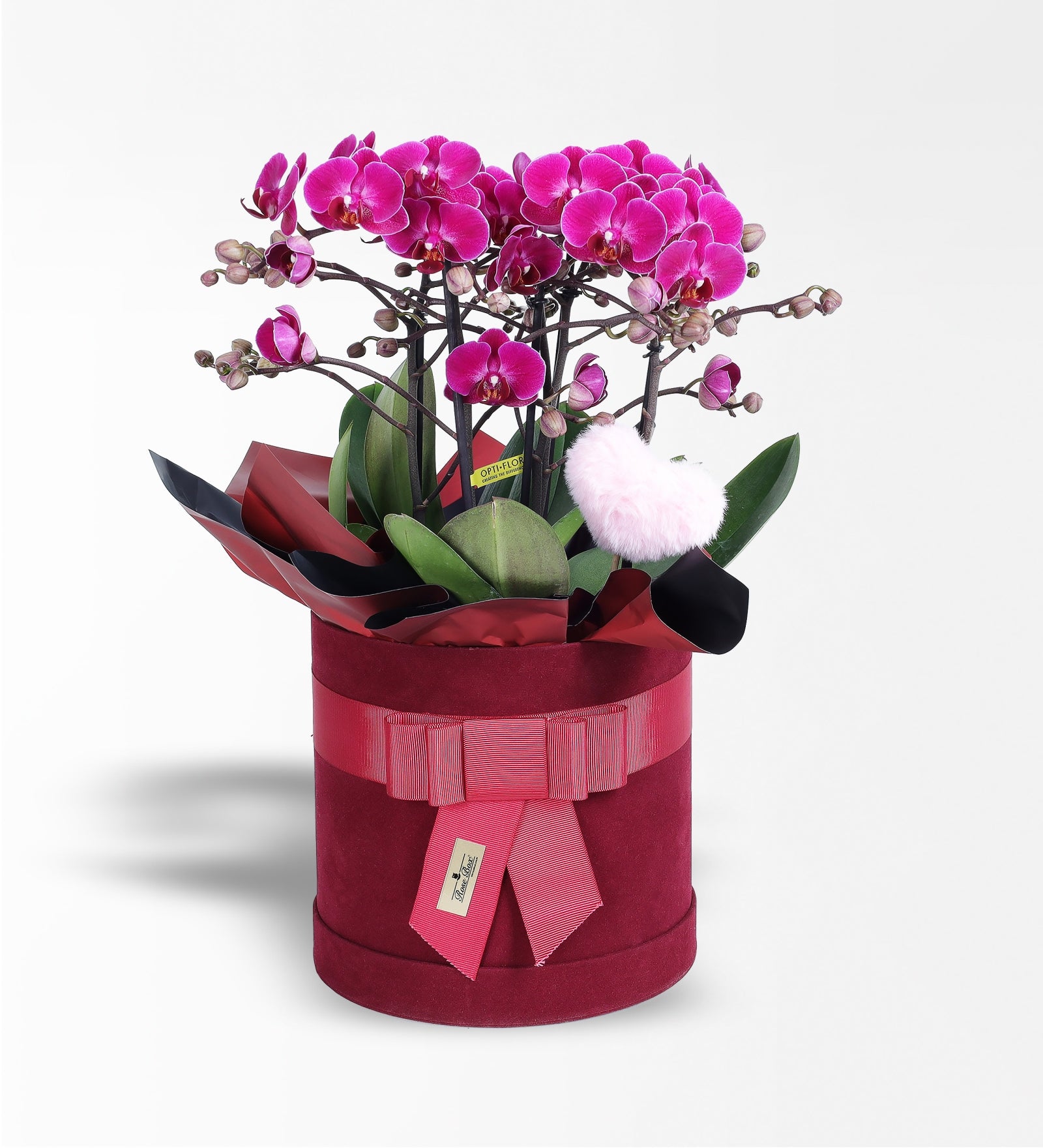 Bordo Kutuda Mor Bougetto Orkide Ve Peluş Pembe Kalp