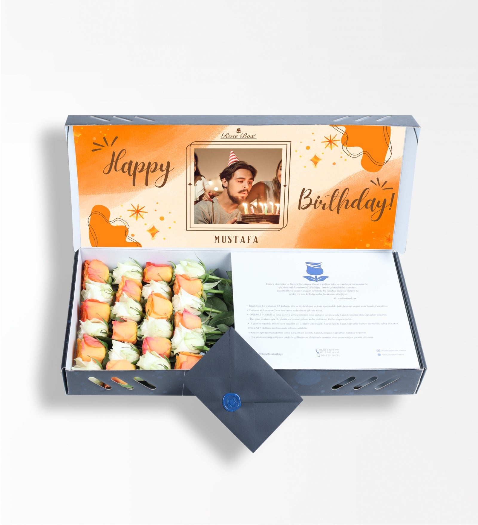 Happy Birthday Kişiye Özel Fotoğraflı İsimli Kutuda Turuncu Gül ve Beyaz Güller