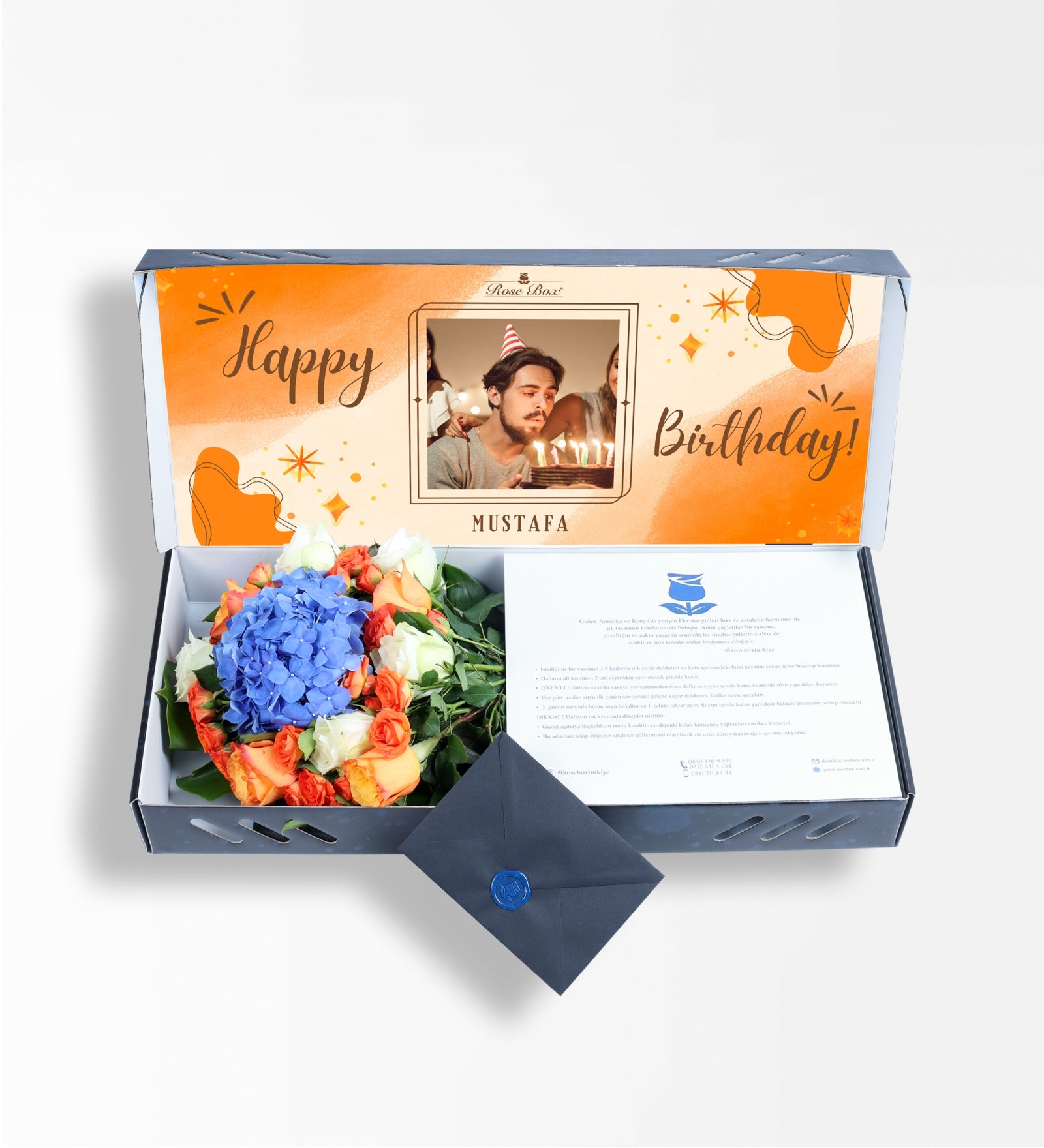 Happy Birthday Kişiye Özel Fotoğraflı İsimli Kutuda Turuncu Gül, Beyaz Gül ve Mavi Ortanca