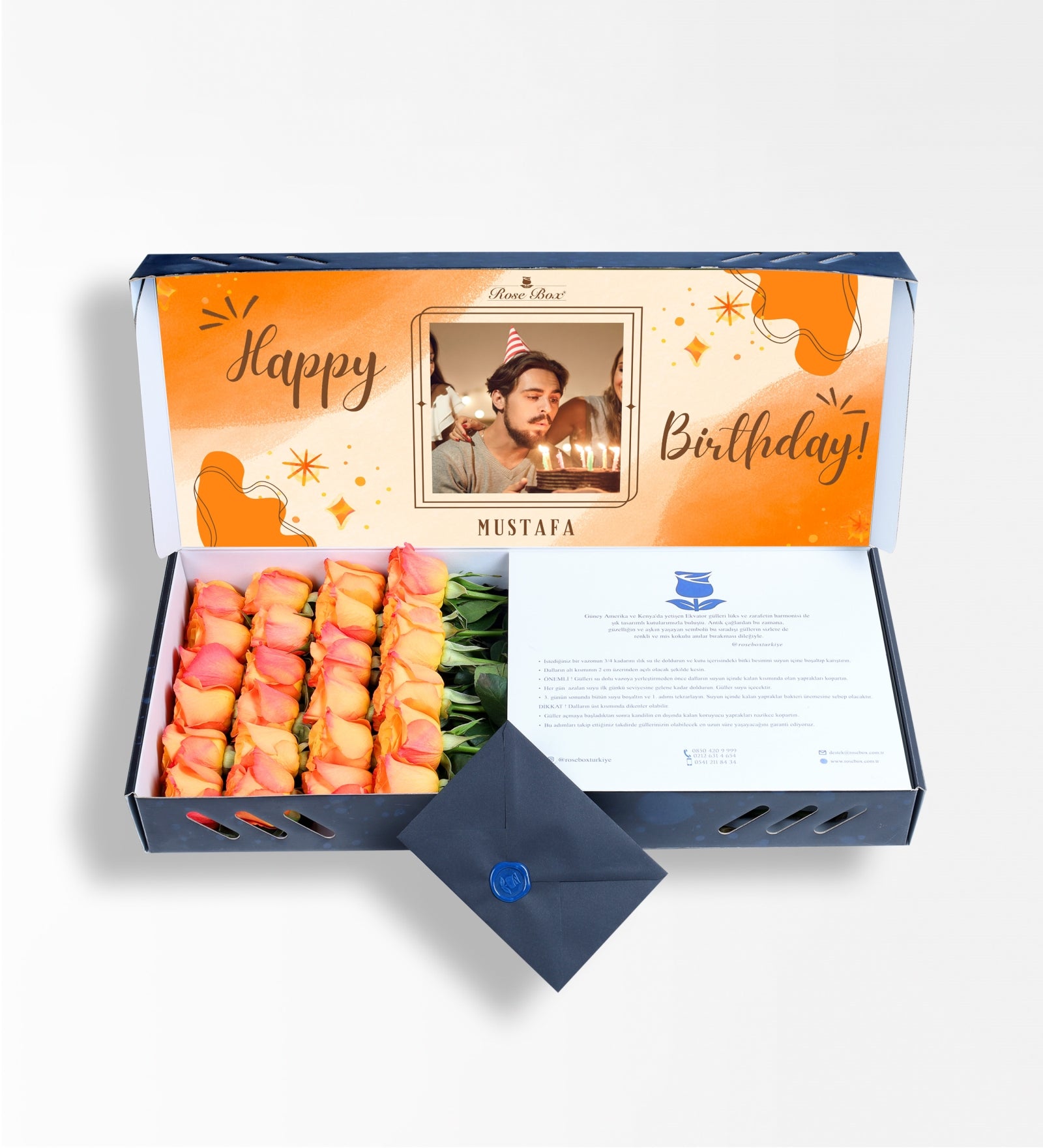 Happy Birthday Kişiye Özel Fotoğraflı İsimli Kutuda Turuncu Güller