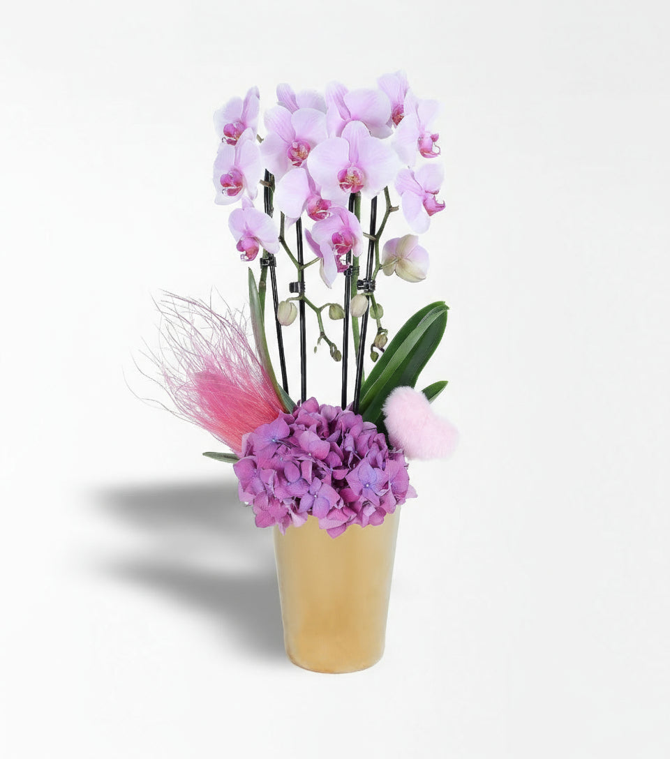Bakır Cam Vazoda 2 Dallı Pembe Cascade Orkide Mor Ortanca Aranjmanı