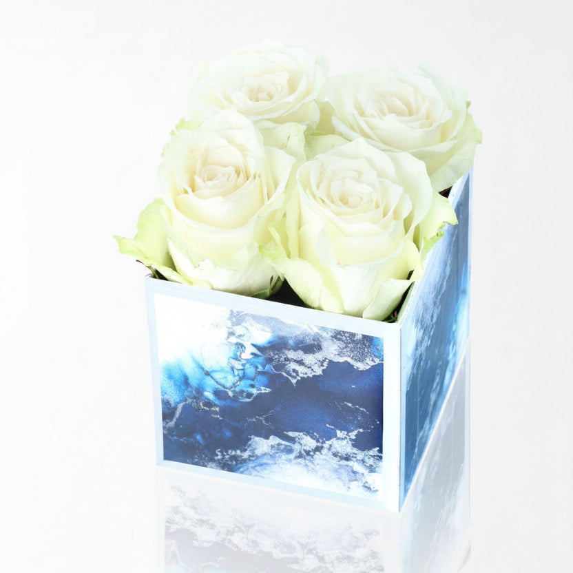 Sea Blue Mini Kutuda 4 Beyaz Gül