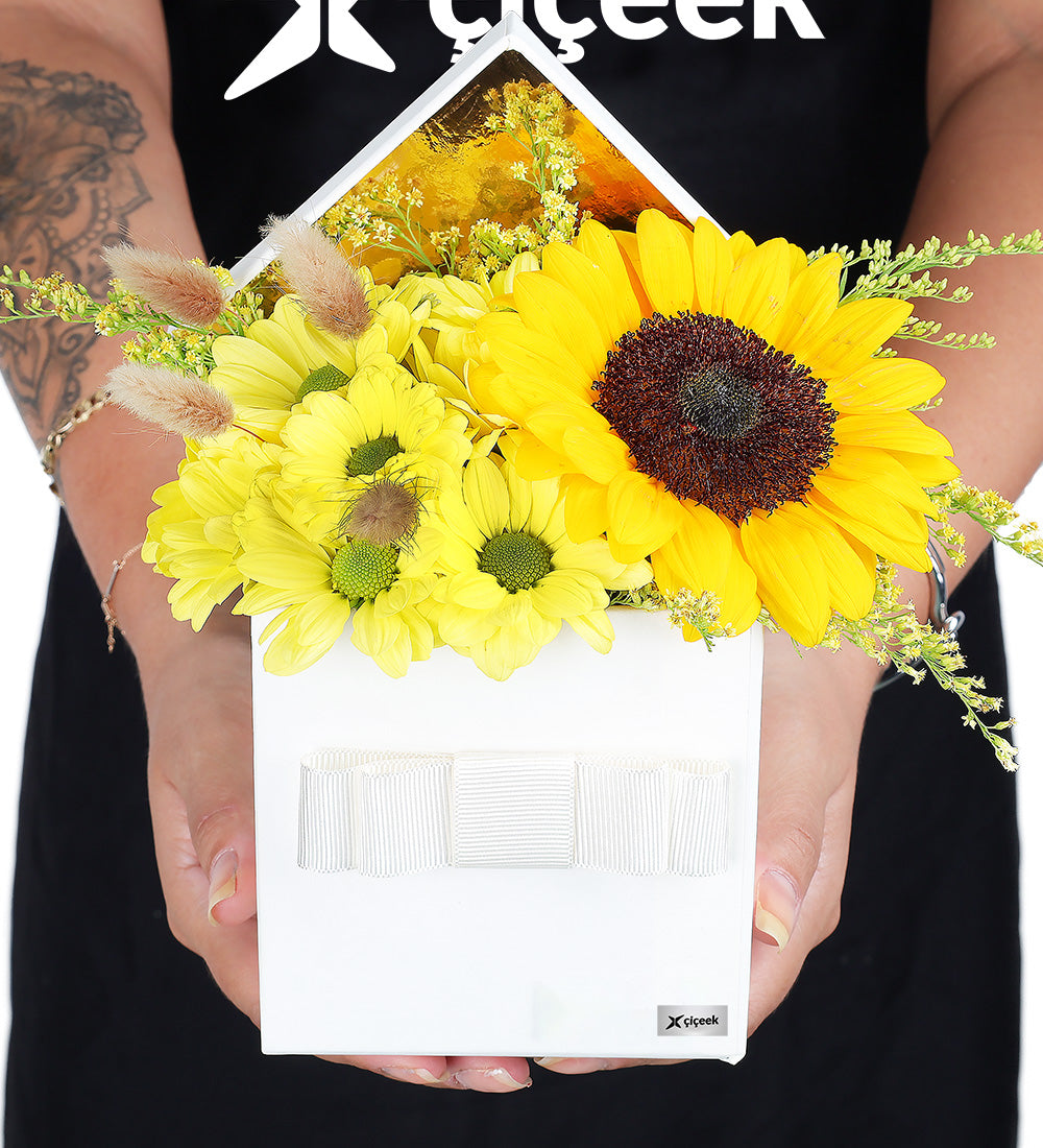 Beyaz Kutuda Sarı Papatya Ve Ayçiçeği Aranjmanı