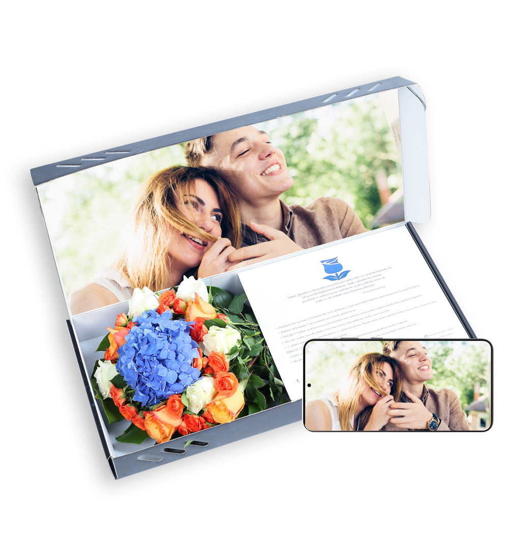 Fotoğraf Baskılı Turuncu Gül, Beyaz Gül ve Mavi Ortanca