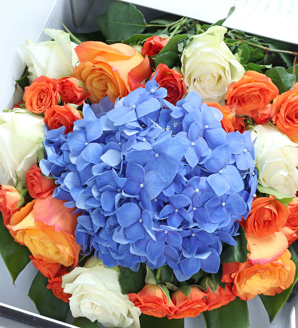 Fotoğraf Baskılı Turuncu Gül, Beyaz Gül ve Mavi Ortanca